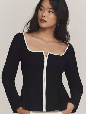 Maeve Zip-Front Square Neck Blouse in Black / White (NWT)